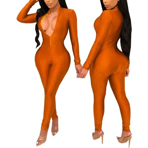 ECHOINE Sexy Orange Zip Up One Piece Deep V-Neck Bodycon Clubwear Jumpsuit Sz L - Picture 3 of 8